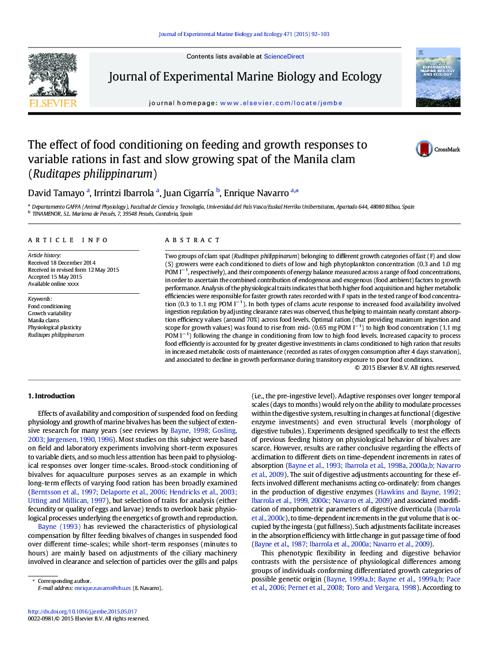 The effect of food conditioning on feeding and growth responses to variable rations in fast and slow growing spat of the Manila clam (Ruditapes philippinarum)