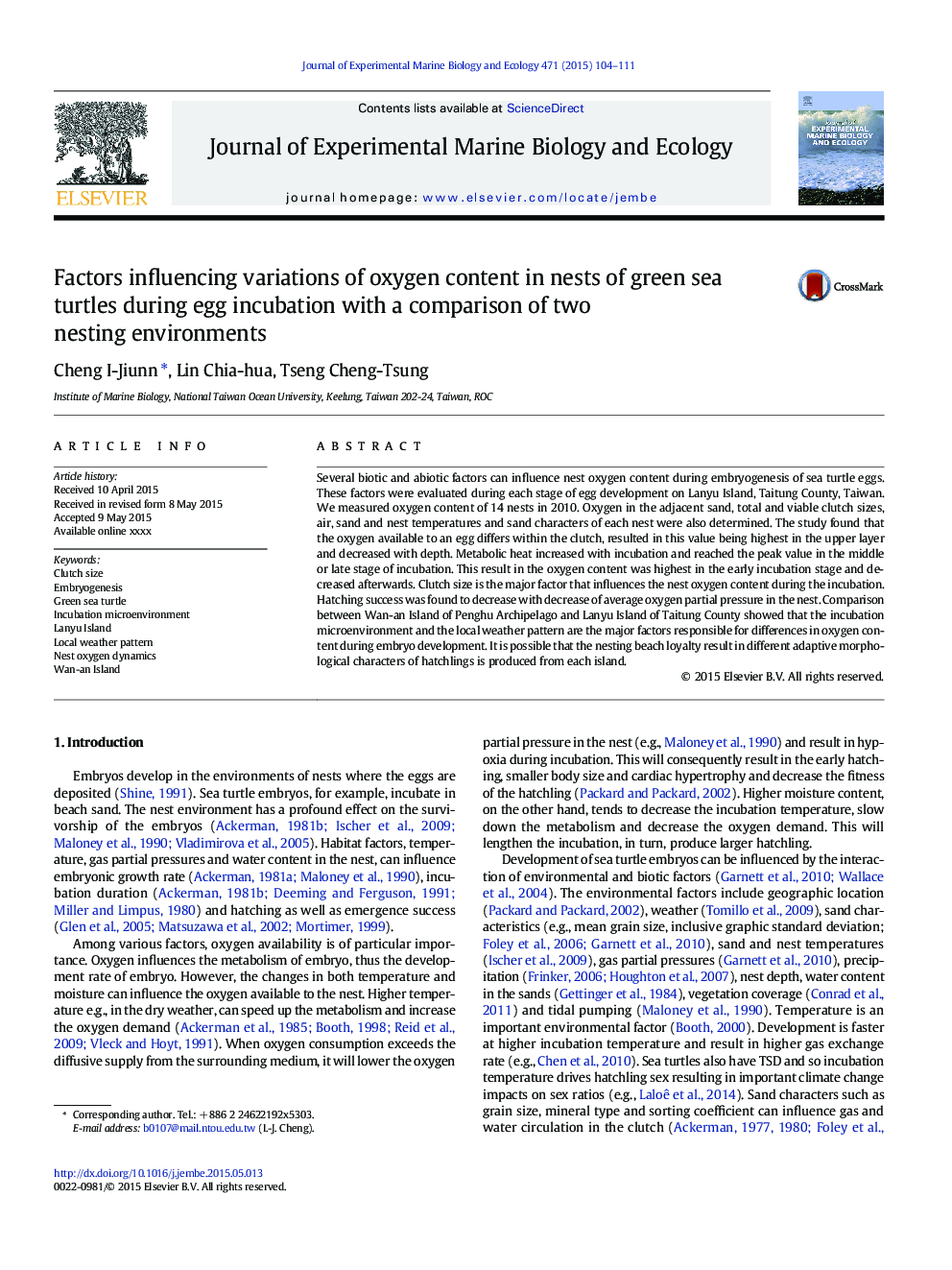 عوامل موثر بر تغییرات محتوای اکسیژن در لانه های لاک پشت دریایی سبز در طی انکوباسیون تخم مرغ با مقایسه دو محیط تزیینی 