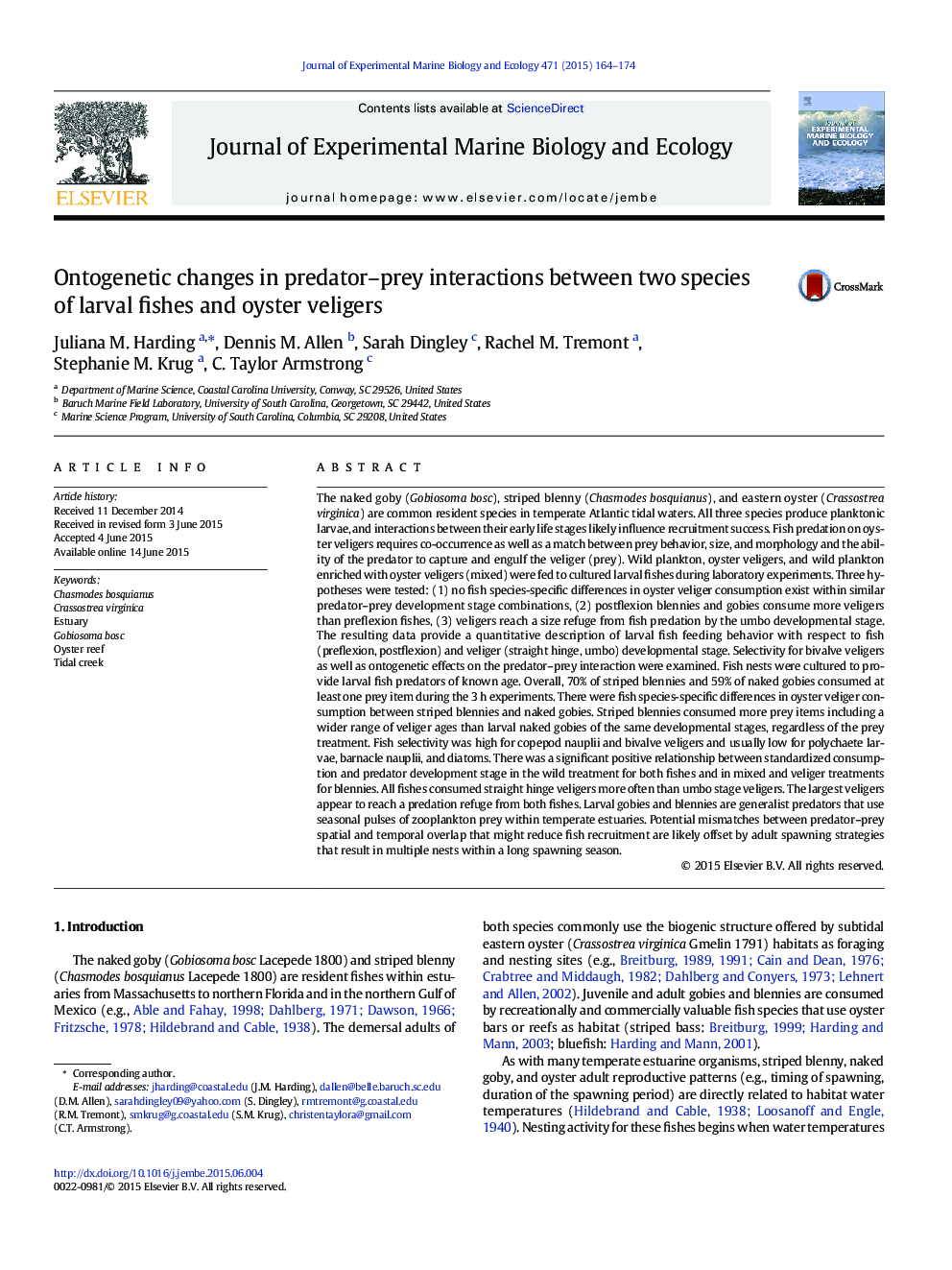 Ontogenetic changes in predator-prey interactions between two species of larval fishes and oyster veligers