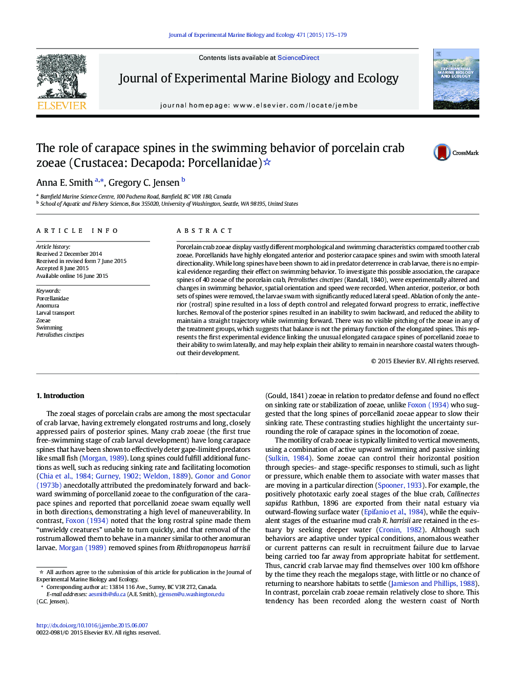 The role of carapace spines in the swimming behavior of porcelain crab zoeae (Crustacea: Decapoda: Porcellanidae)