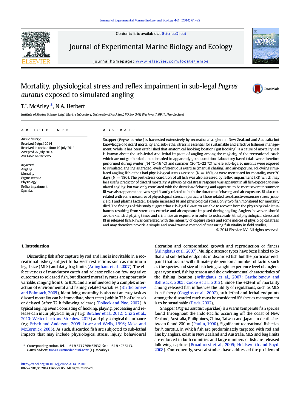 Mortality, physiological stress and reflex impairment in sub-legal Pagrus auratus exposed to simulated angling