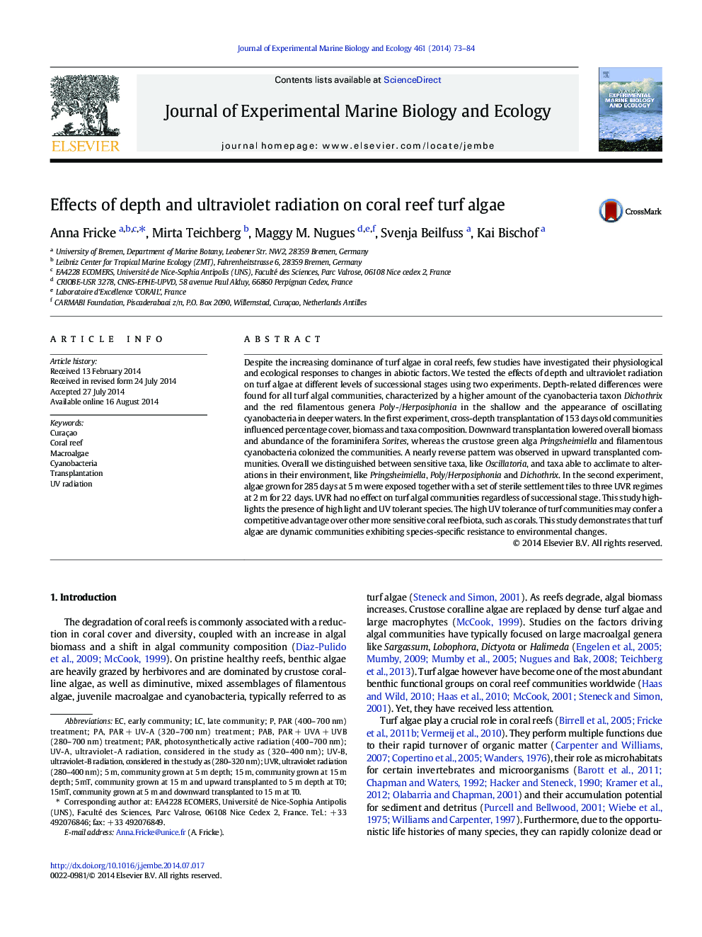 Effects of depth and ultraviolet radiation on coral reef turf algae