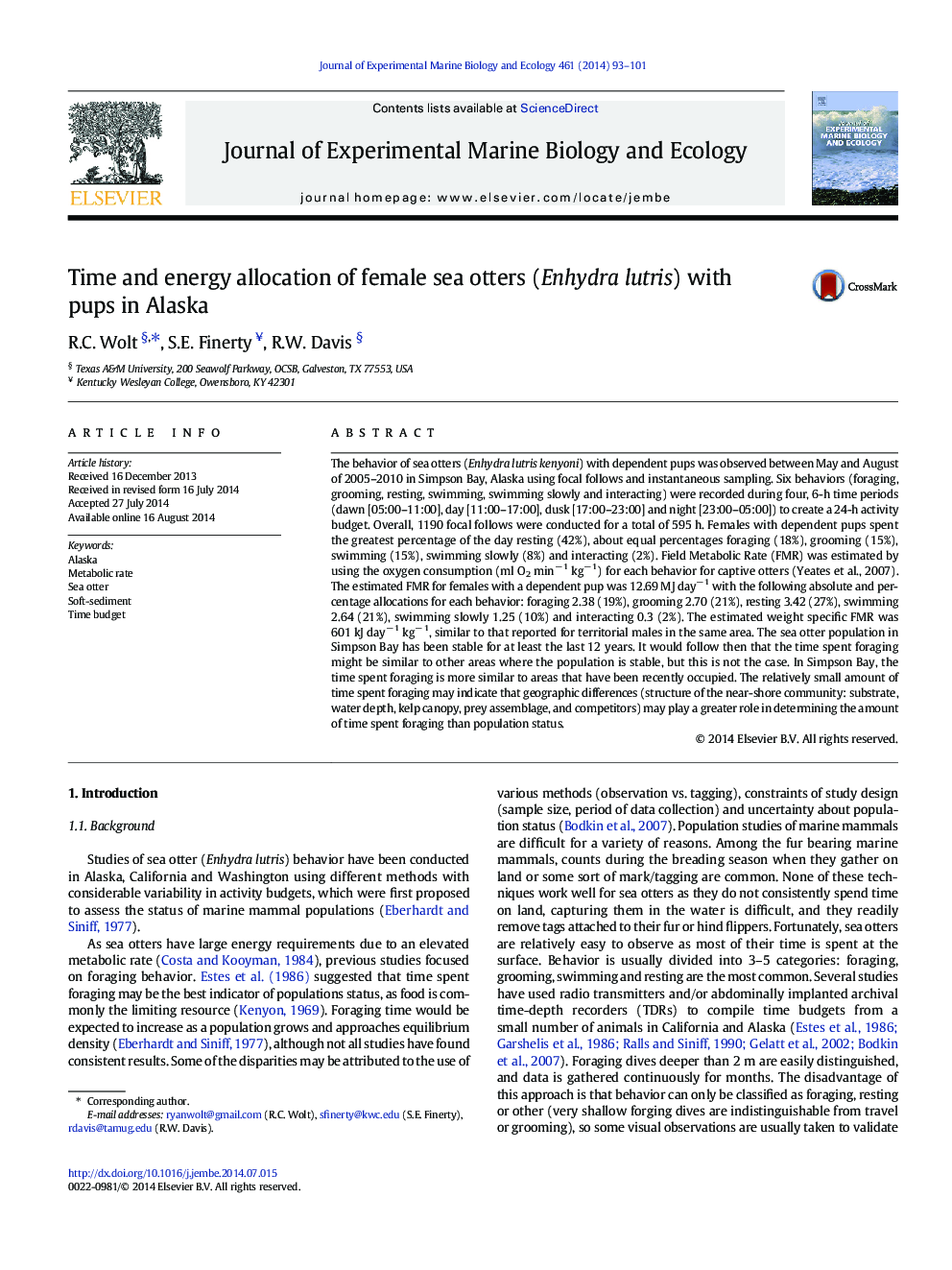 Time and energy allocation of female sea otters (Enhydra lutris) with pups in Alaska