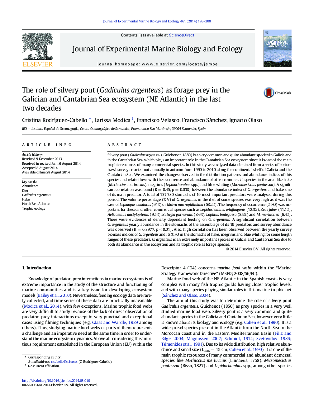 The role of silvery pout (Gadiculus argenteus) as forage prey in the Galician and Cantabrian Sea ecosystem (NE Atlantic) in the last two decades