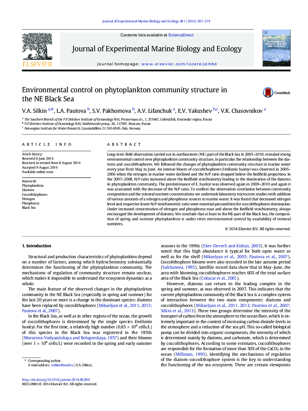 Environmental control on phytoplankton community structure in the NE Black Sea