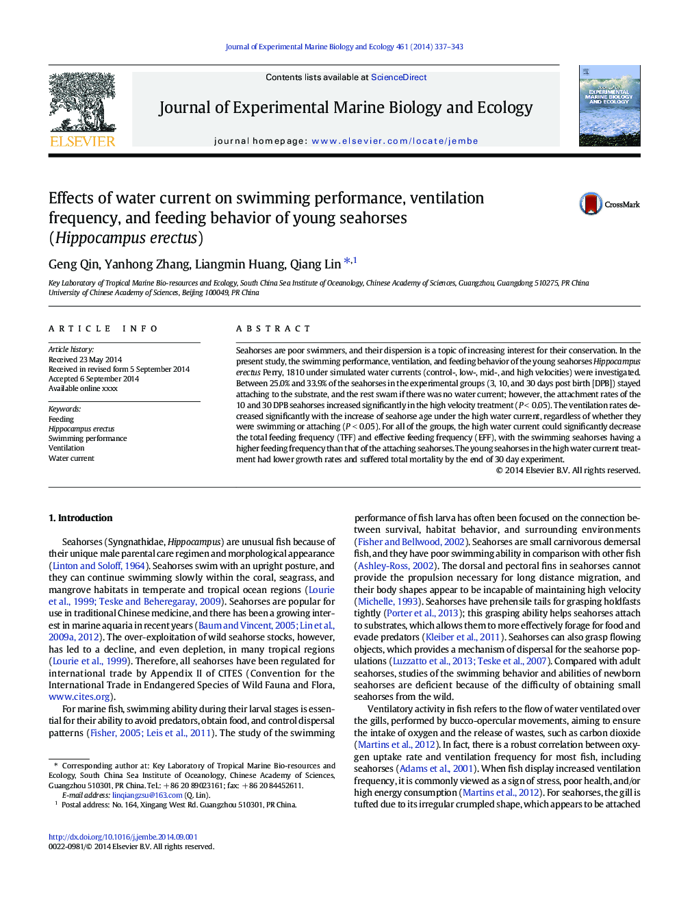 Effects of water current on swimming performance, ventilation frequency, and feeding behavior of young seahorses (Hippocampus erectus)