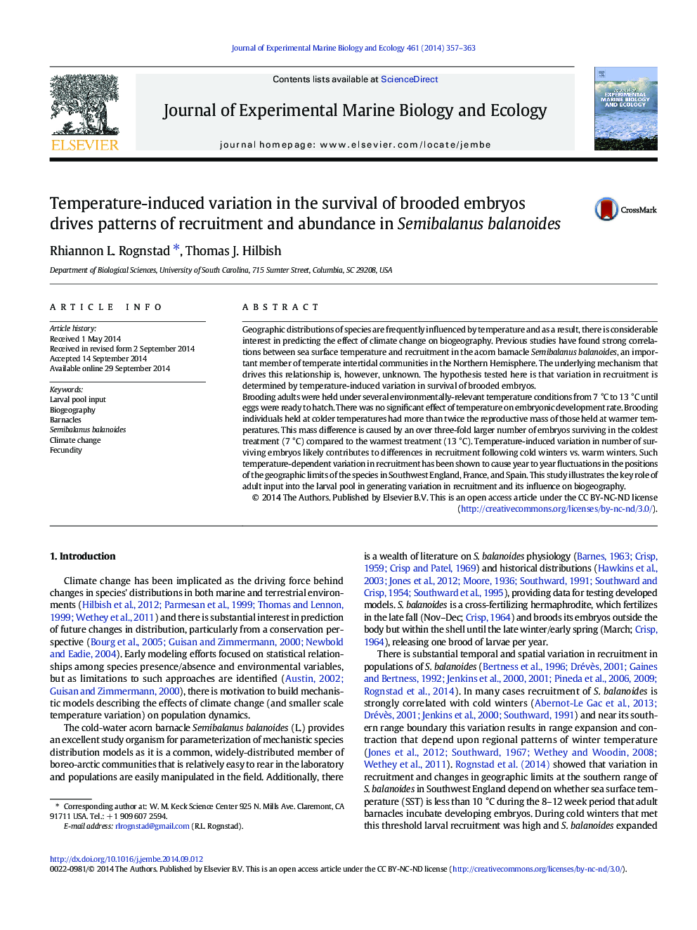 Temperature-induced variation in the survival of brooded embryos drives patterns of recruitment and abundance in Semibalanus balanoides