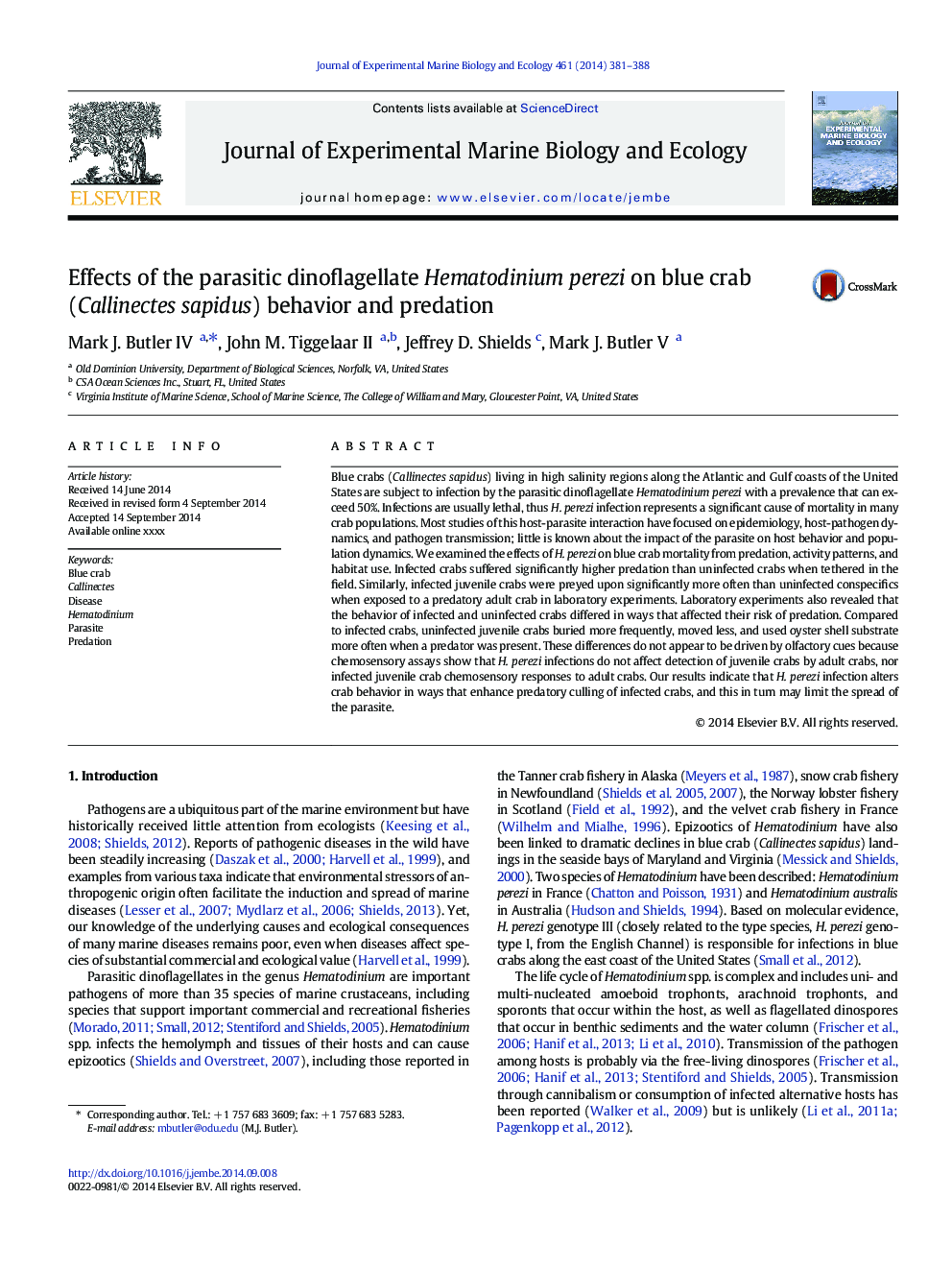 Effects of the parasitic dinoflagellate Hematodinium perezi on blue crab (Callinectes sapidus) behavior and predation