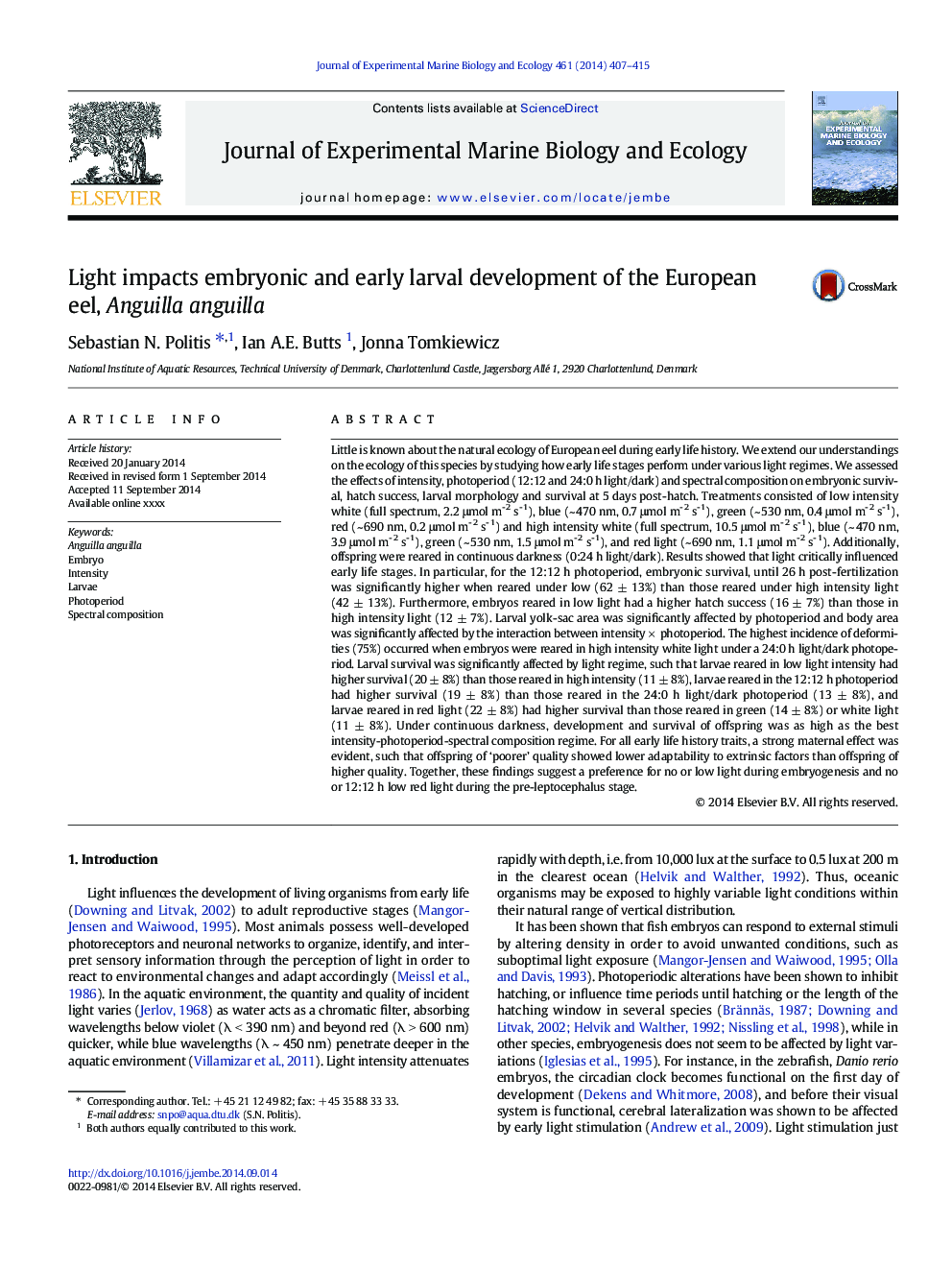 Light impacts embryonic and early larval development of the European eel, Anguilla anguilla