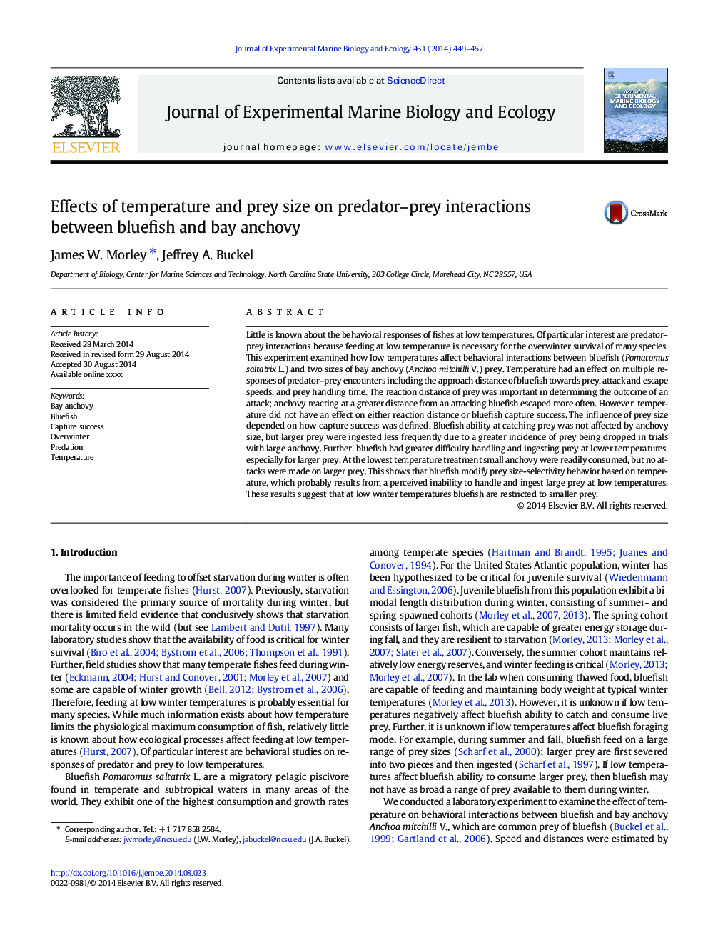 Effects of temperature and prey size on predator-prey interactions between bluefish and bay anchovy