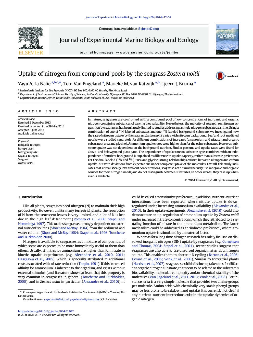 Uptake of nitrogen from compound pools by the seagrass Zostera noltii