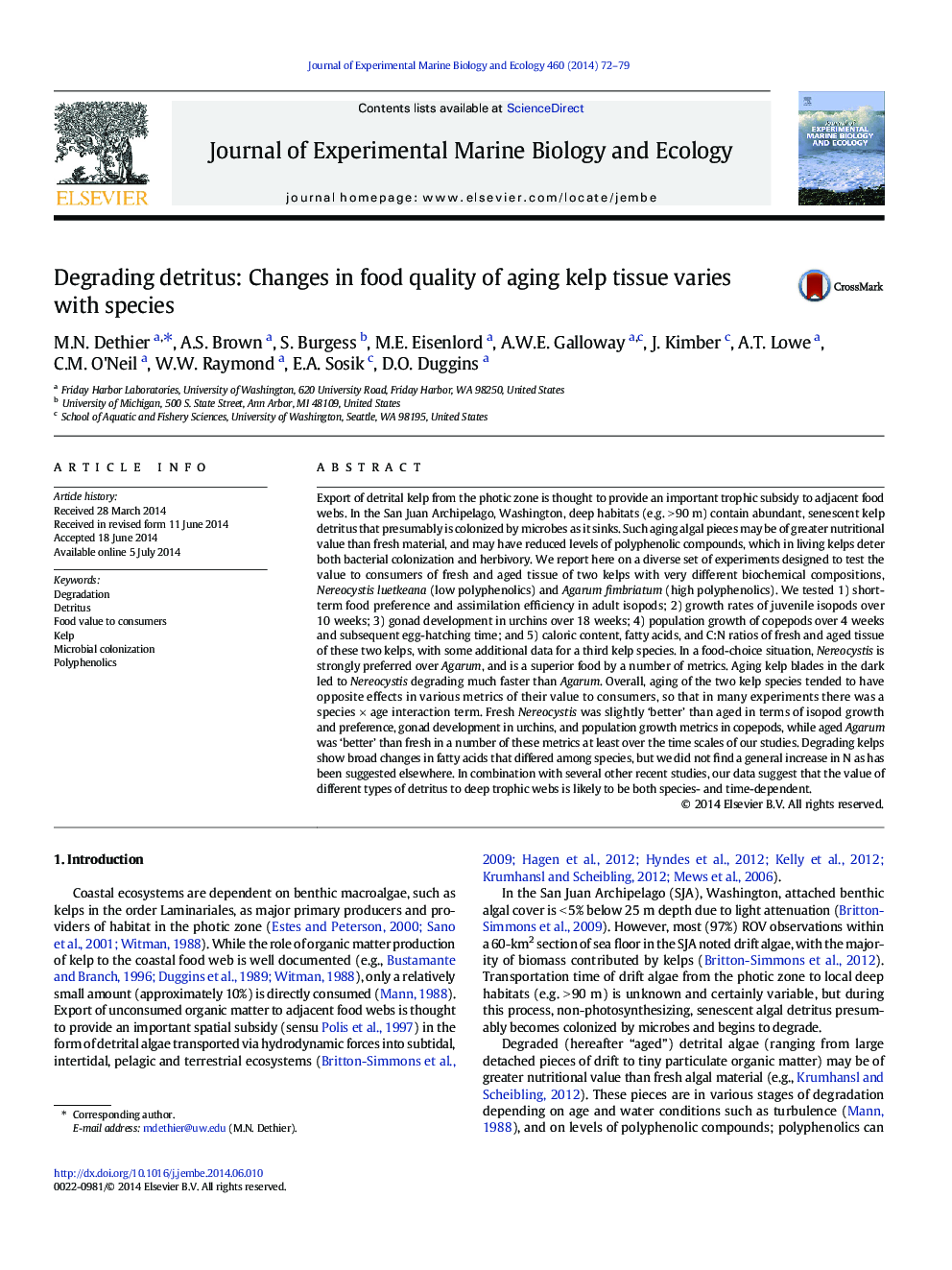 Degrading detritus: Changes in food quality of aging kelp tissue varies with species