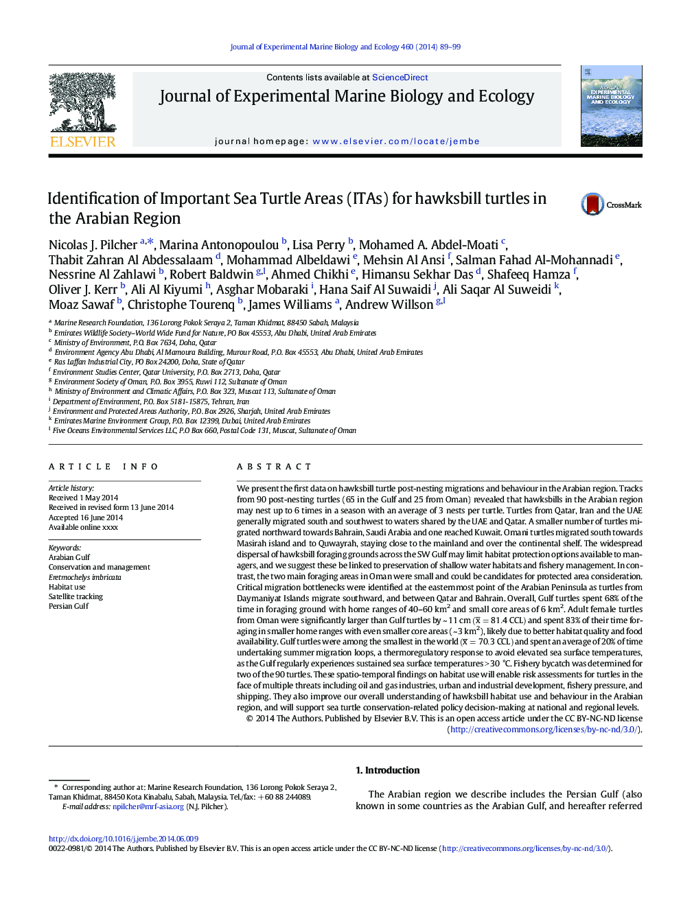 Identification of Important Sea Turtle Areas (ITAs) for hawksbill turtles in the Arabian Region