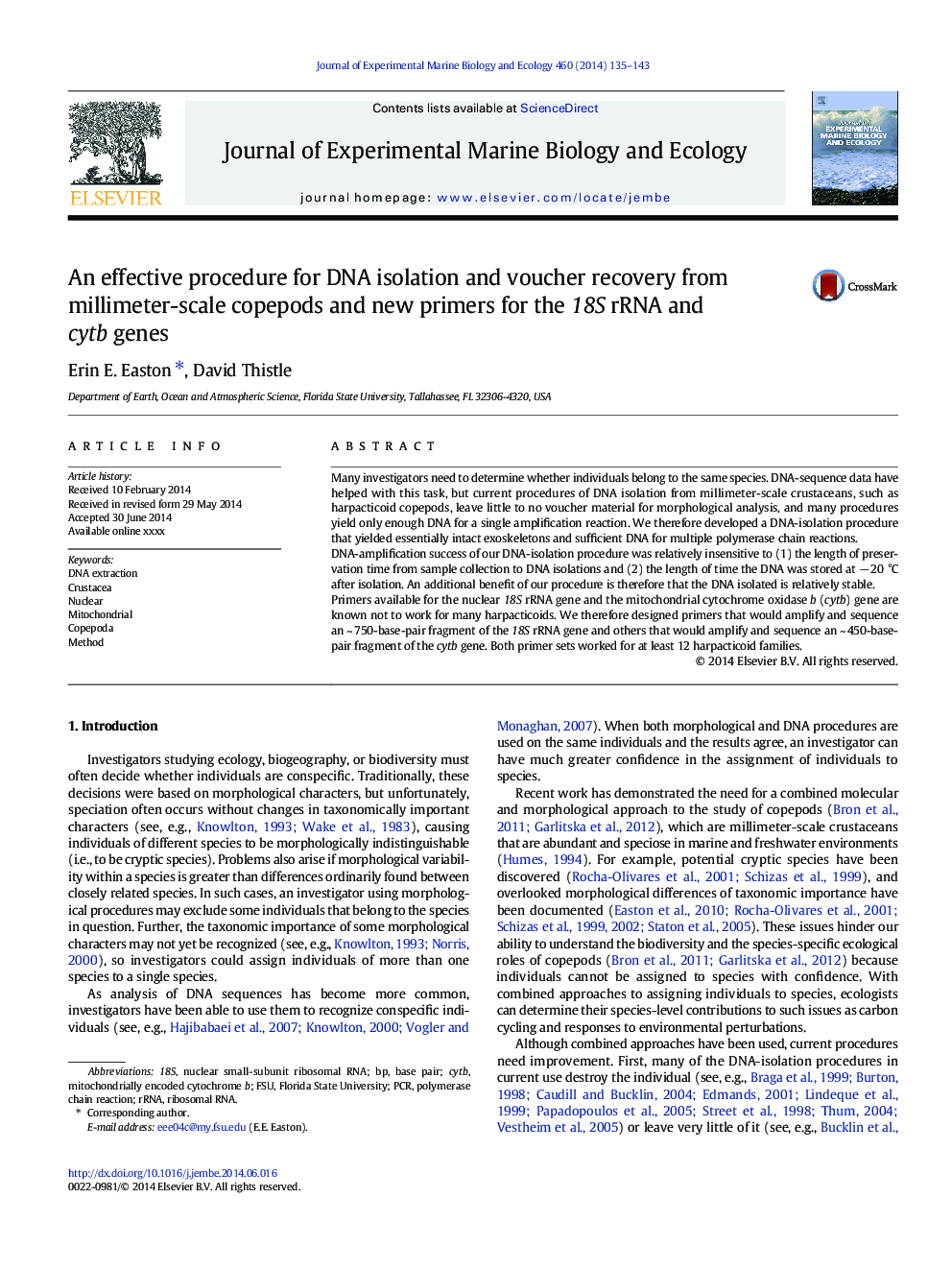 An effective procedure for DNA isolation and voucher recovery from millimeter-scale copepods and new primers for the 18S rRNA and cytb genes