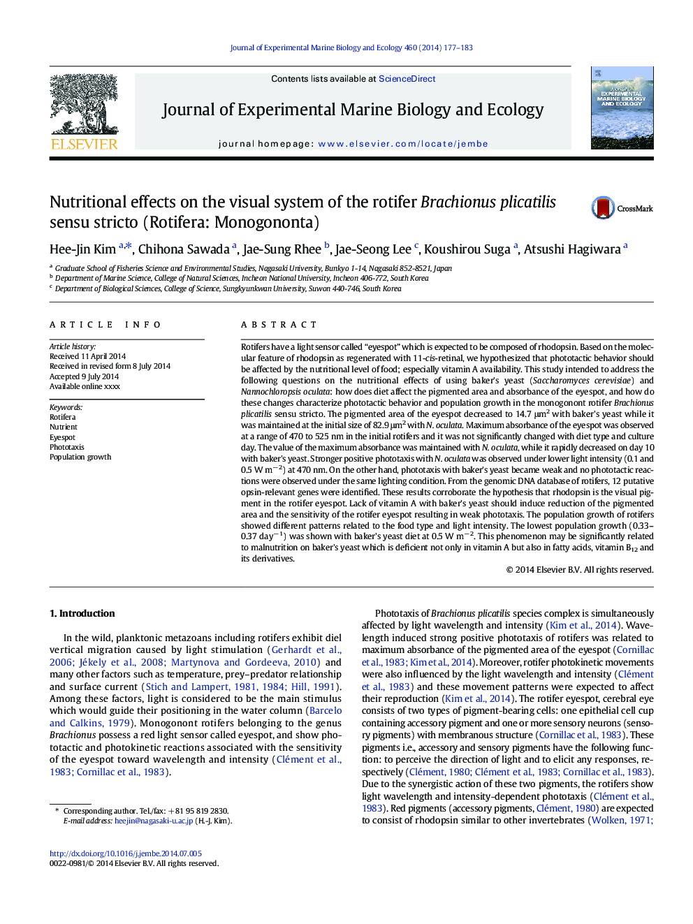 Nutritional effects on the visual system of the rotifer Brachionus plicatilis sensu stricto (Rotifera: Monogononta)