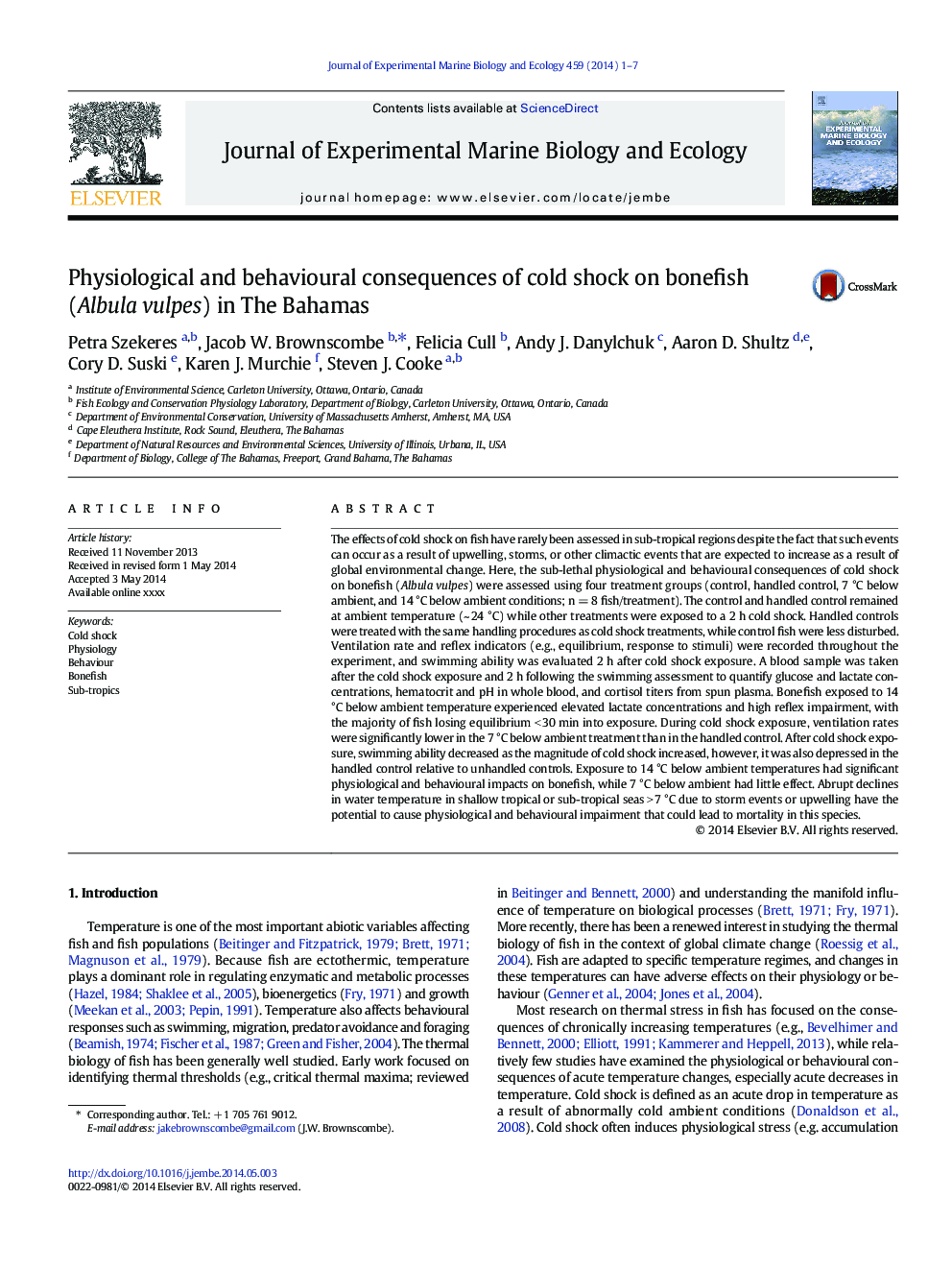 Physiological and behavioural consequences of cold shock on bonefish (Albula vulpes) in The Bahamas