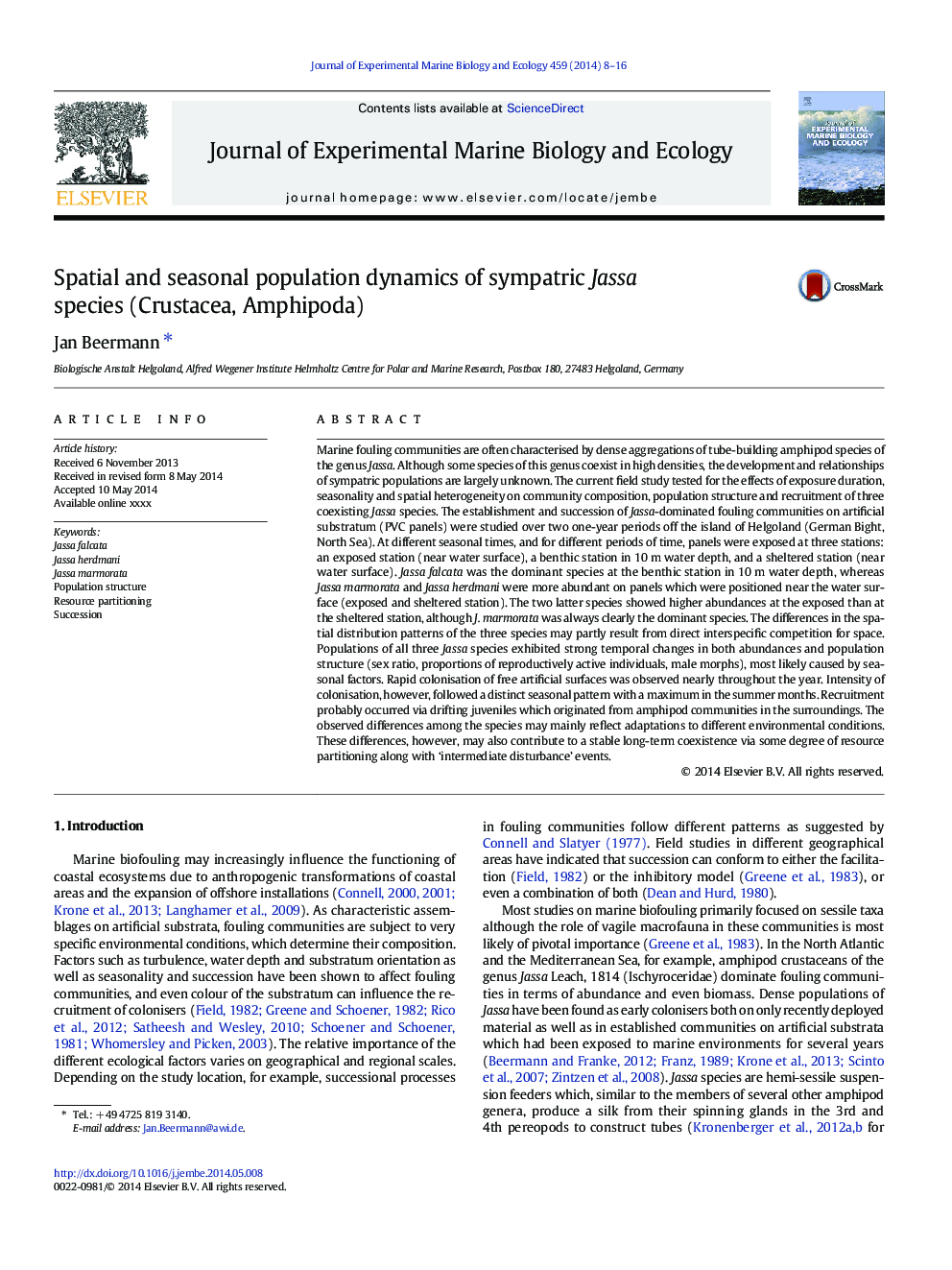 Spatial and seasonal population dynamics of sympatric Jassa species (Crustacea, Amphipoda)