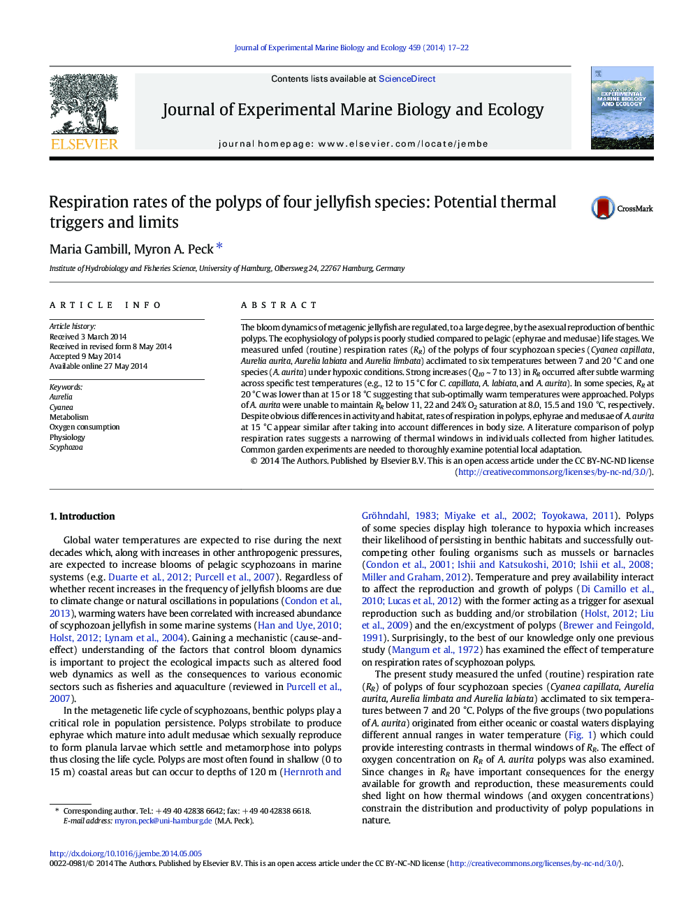 Respiration rates of the polyps of four jellyfish species: Potential thermal triggers and limits