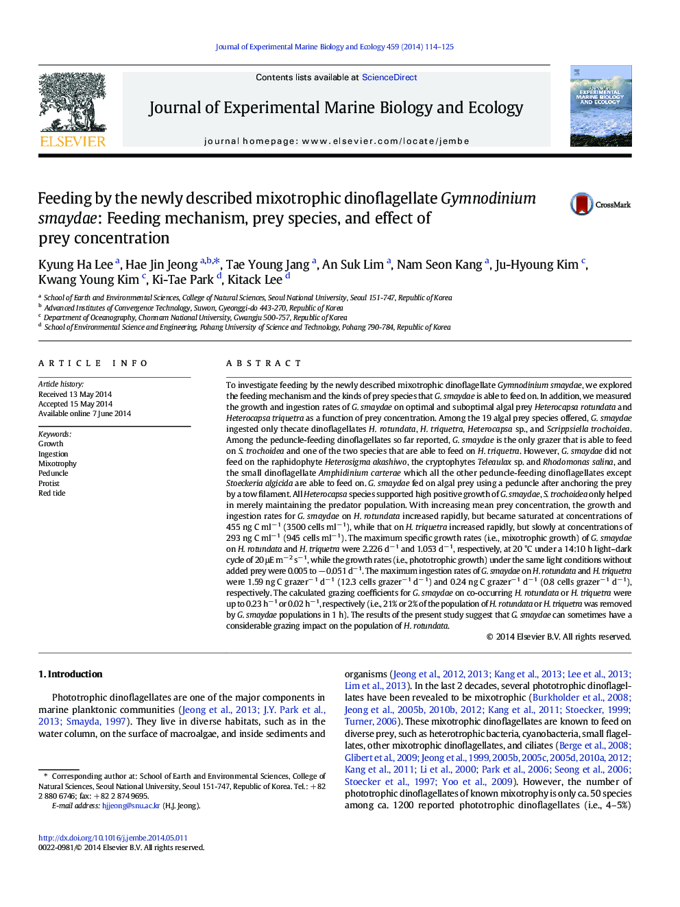 Feeding by the newly described mixotrophic dinoflagellate Gymnodinium smaydae: Feeding mechanism, prey species, and effect of prey concentration