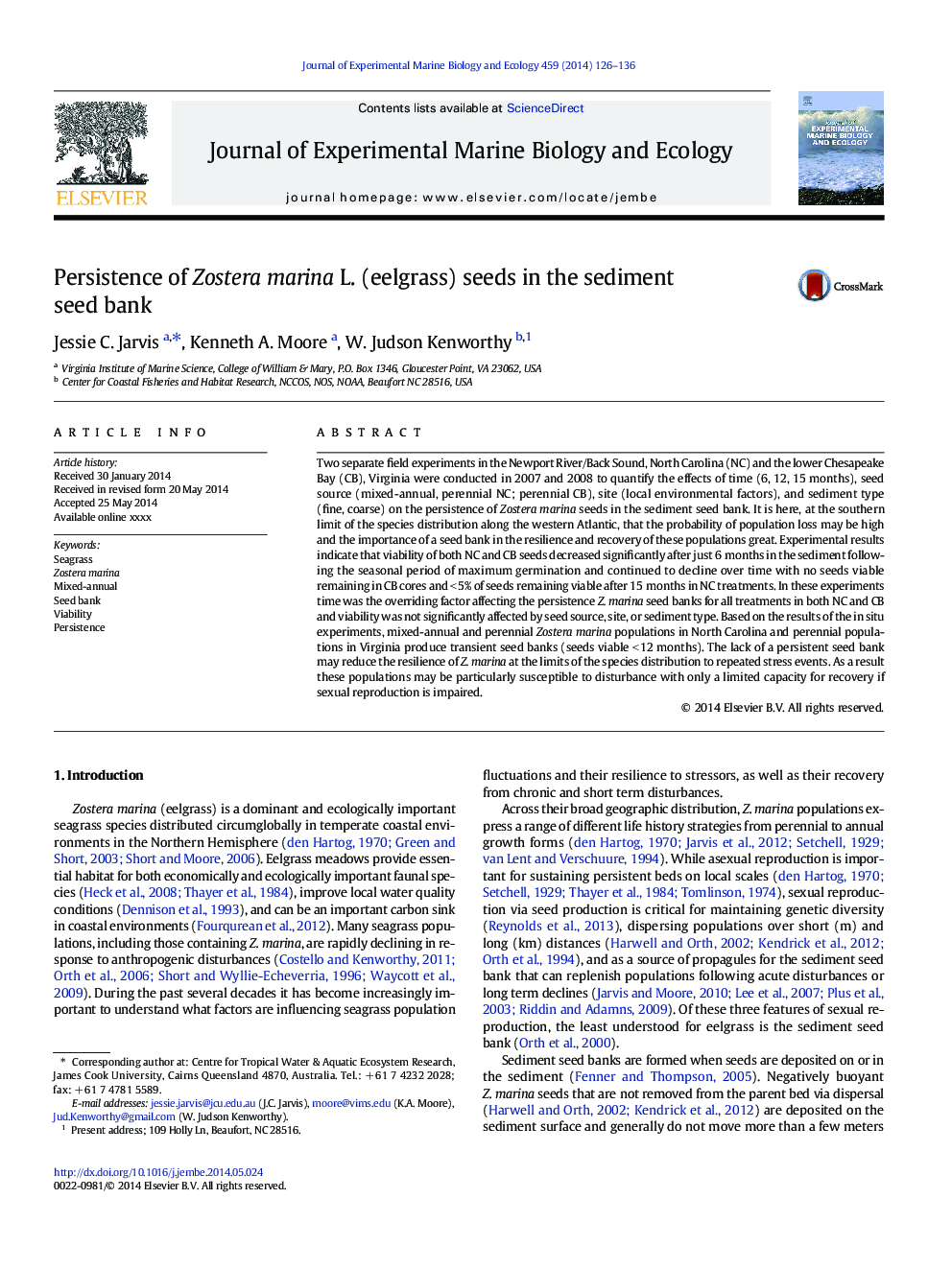 Persistence of Zostera marina L. (eelgrass) seeds in the sediment seed bank