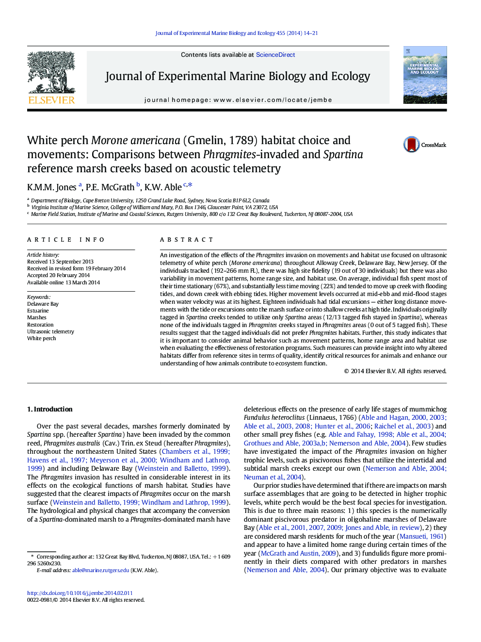 White perch Morone americana (Gmelin, 1789) habitat choice and movements: Comparisons between Phragmites-invaded and Spartina reference marsh creeks based on acoustic telemetry