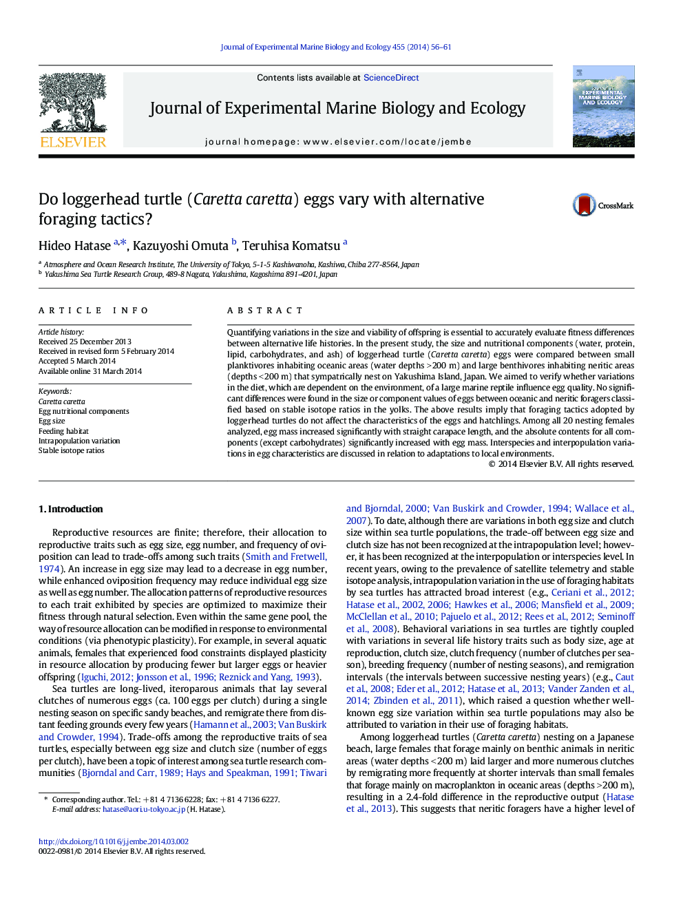 Do loggerhead turtle (Caretta caretta) eggs vary with alternative foraging tactics?