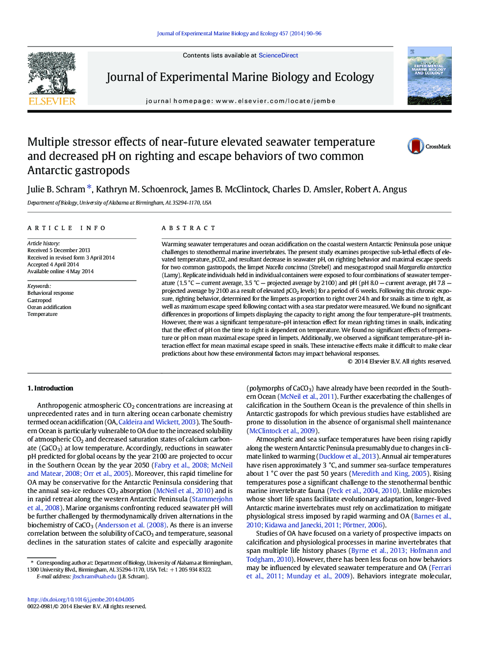 Multiple stressor effects of near-future elevated seawater temperature and decreased pH on righting and escape behaviors of two common Antarctic gastropods