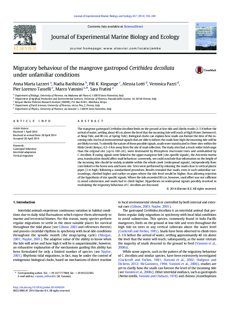 Migratory behaviour of the mangrove gastropod Cerithidea decollata under unfamiliar conditions