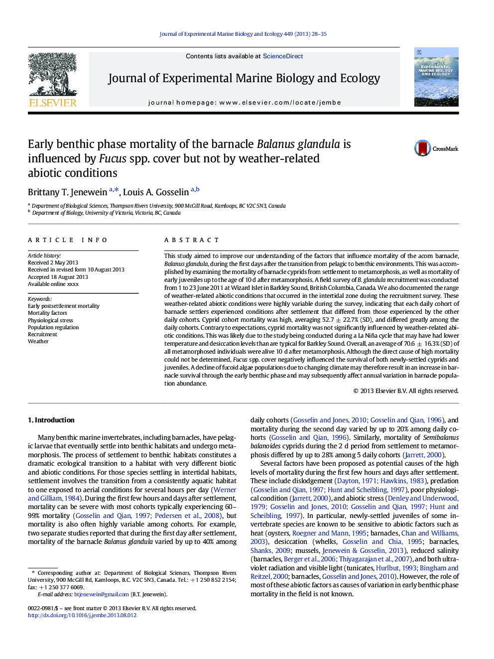 Early benthic phase mortality of the barnacle Balanus glandula is influenced by Fucus spp. cover but not by weather-related abiotic conditions