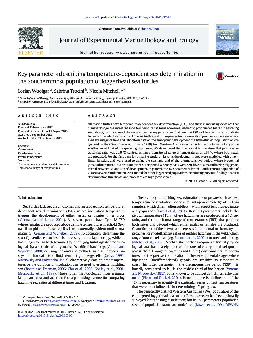 Key parameters describing temperature-dependent sex determination in the southernmost population of loggerhead sea turtles