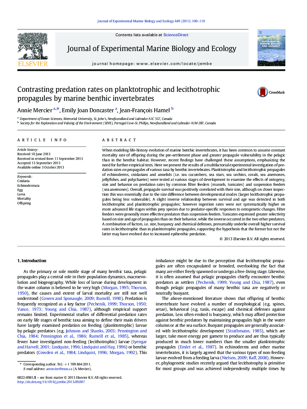 Contrasting predation rates on planktotrophic and lecithotrophic propagules by marine benthic invertebrates