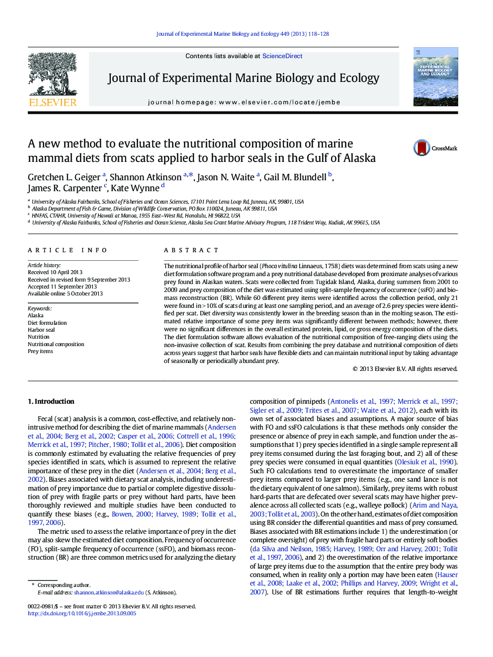 A new method to evaluate the nutritional composition of marine mammal diets from scats applied to harbor seals in the Gulf of Alaska