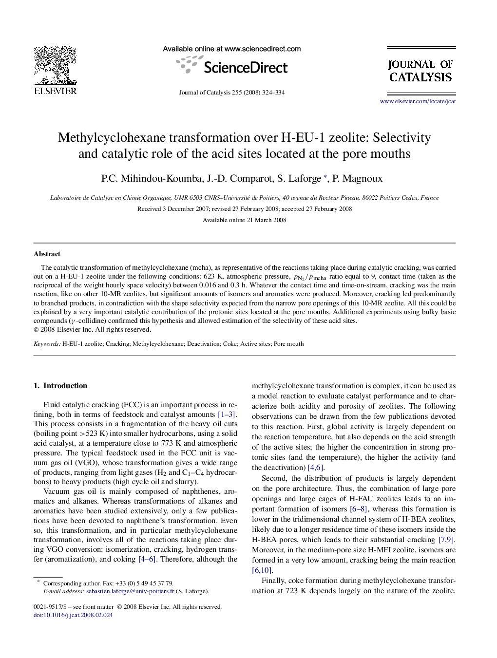 Methylcyclohexane transformation over H-EU-1 zeolite: Selectivity and catalytic role of the acid sites located at the pore mouths