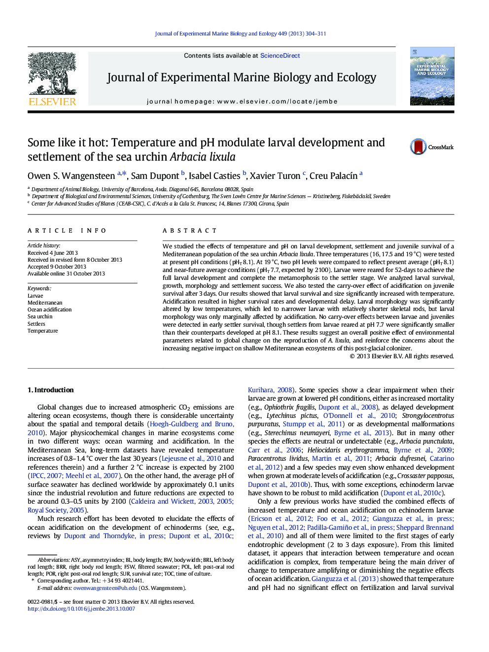 Some like it hot: Temperature and pH modulate larval development and settlement of the sea urchin Arbacia lixula