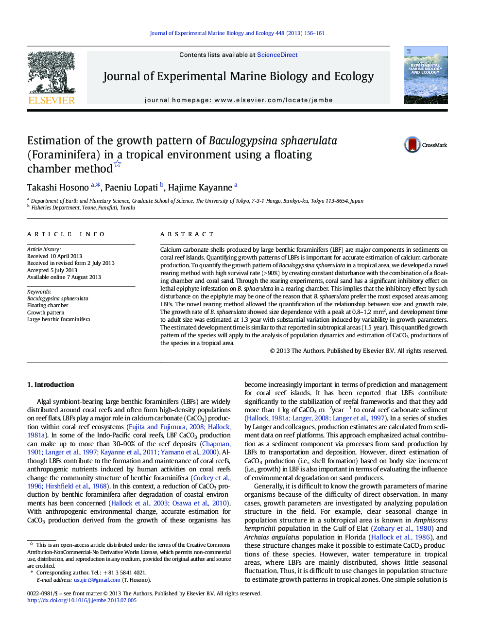 Estimation of the growth pattern of Baculogypsina sphaerulata (Foraminifera) in a tropical environment using a floating chamber method