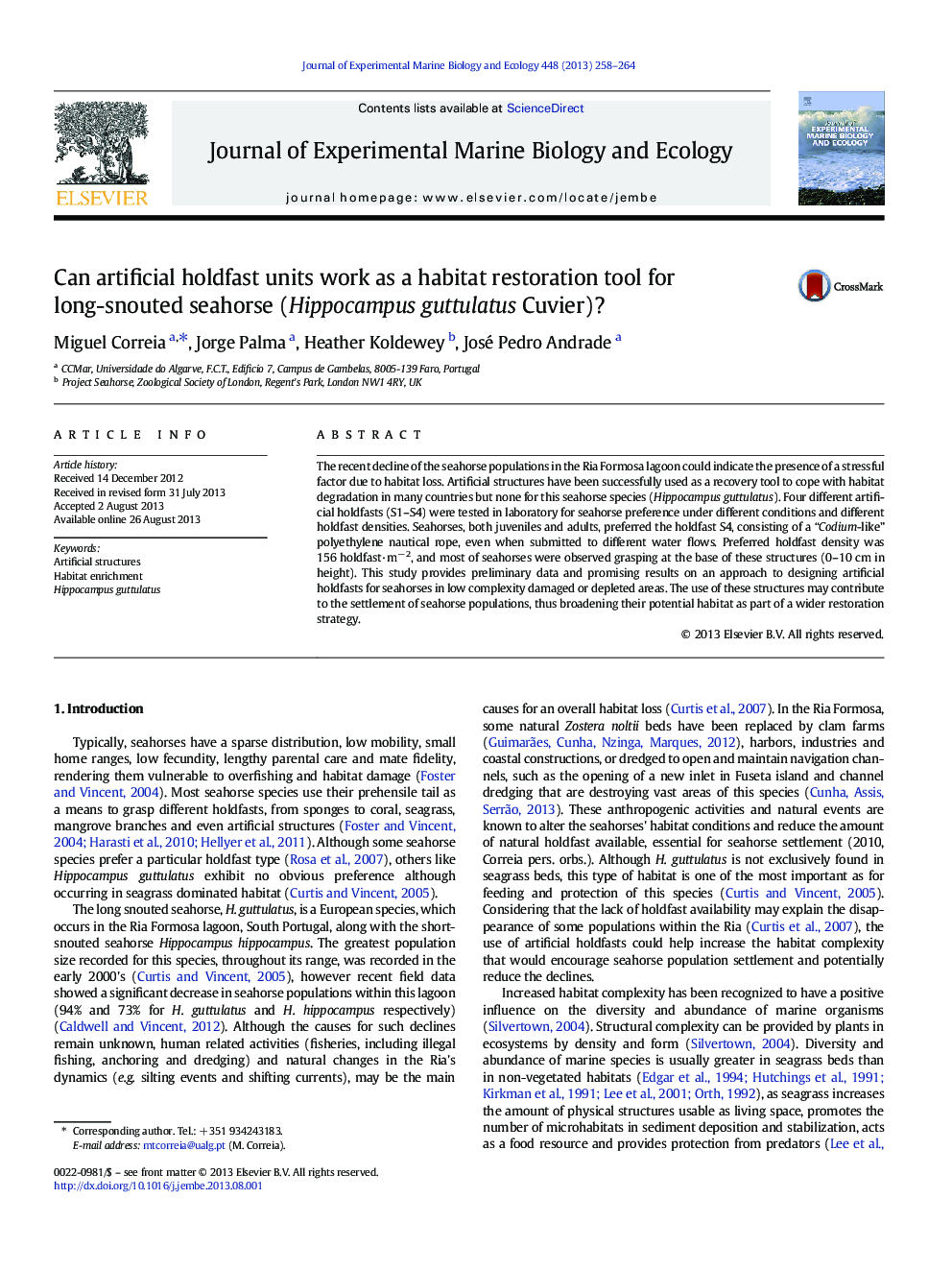 Can artificial holdfast units work as a habitat restoration tool for long-snouted seahorse (Hippocampus guttulatus Cuvier)?