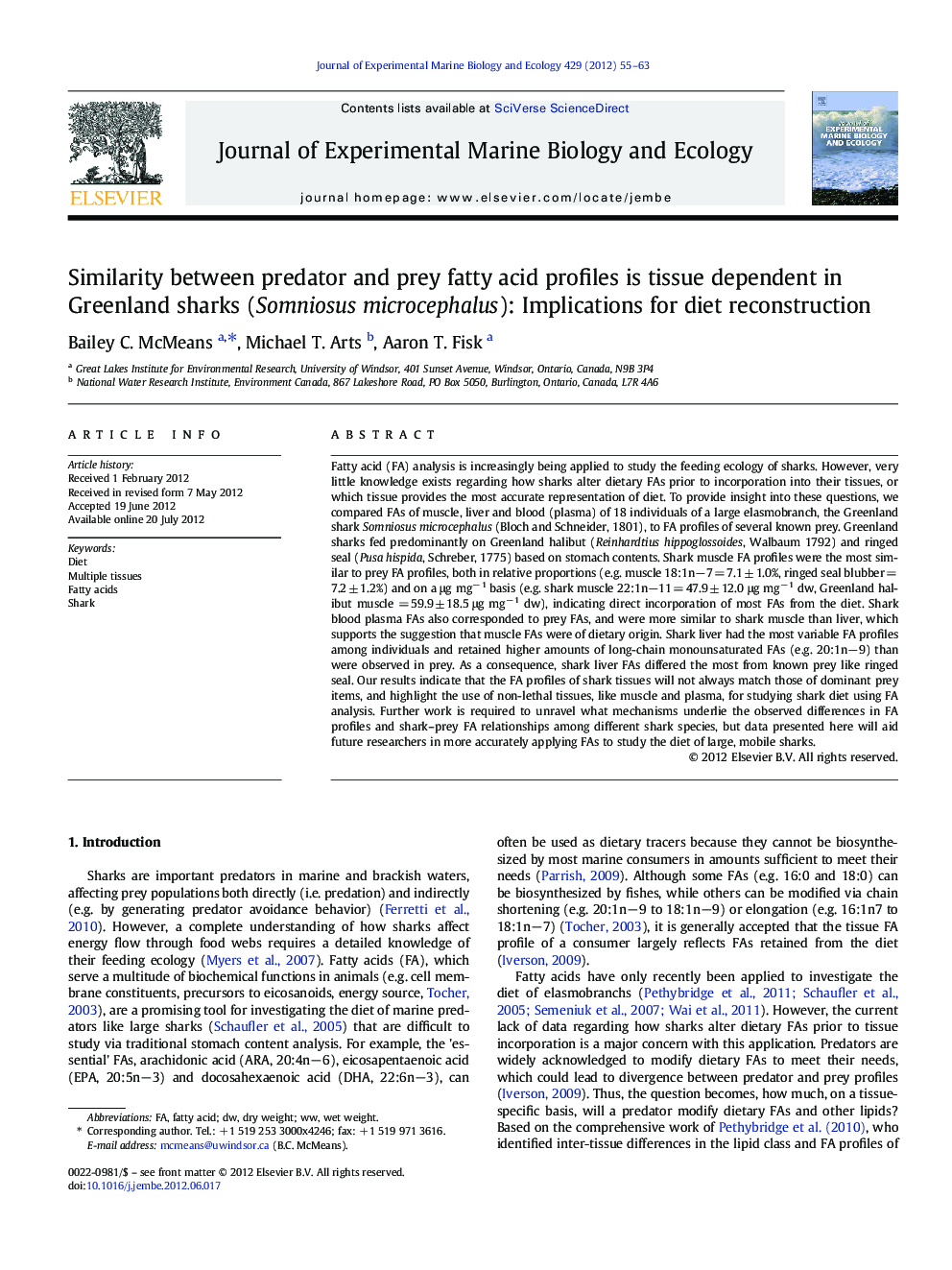 Similarity between predator and prey fatty acid profiles is tissue dependent in Greenland sharks (Somniosus microcephalus): Implications for diet reconstruction