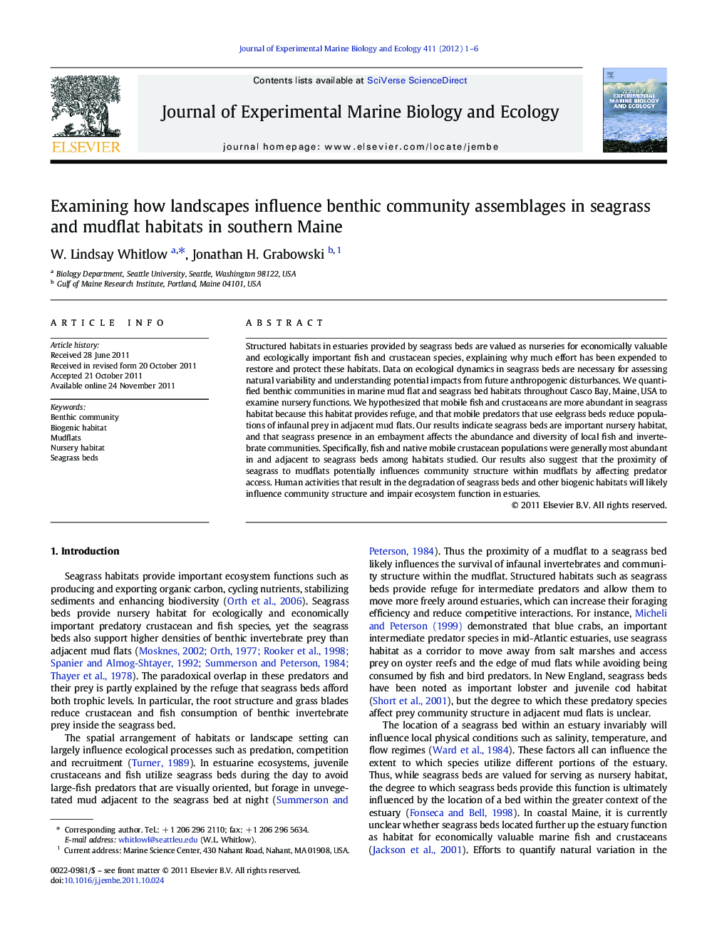 Examining how landscapes influence benthic community assemblages in seagrass and mudflat habitats in southern Maine