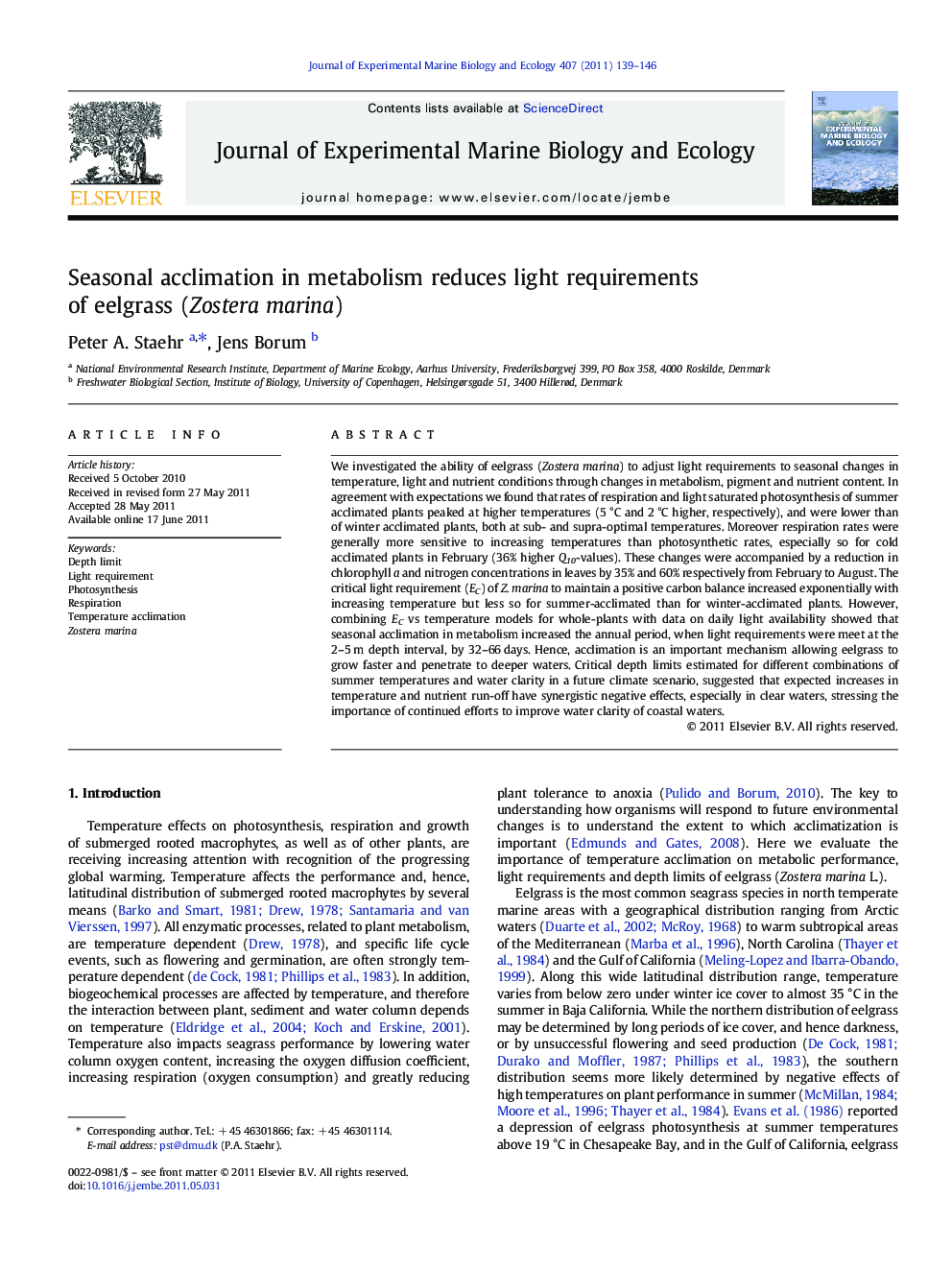 Seasonal acclimation in metabolism reduces light requirements of eelgrass (Zostera marina)