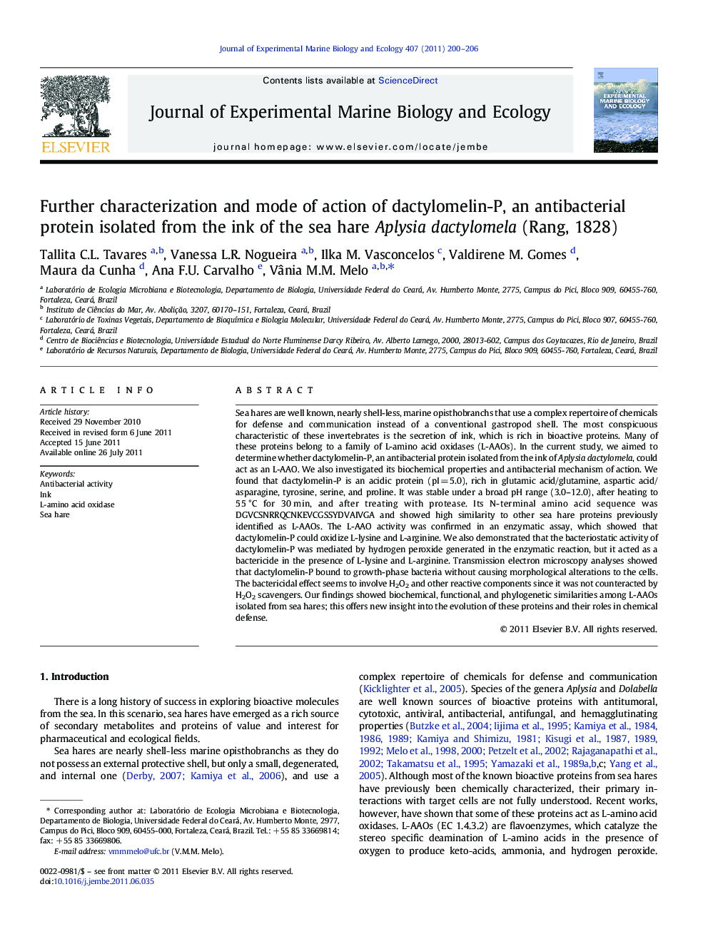 Further characterization and mode of action of dactylomelin-P, an antibacterial protein isolated from the ink of the sea hare Aplysia dactylomela (Rang, 1828)