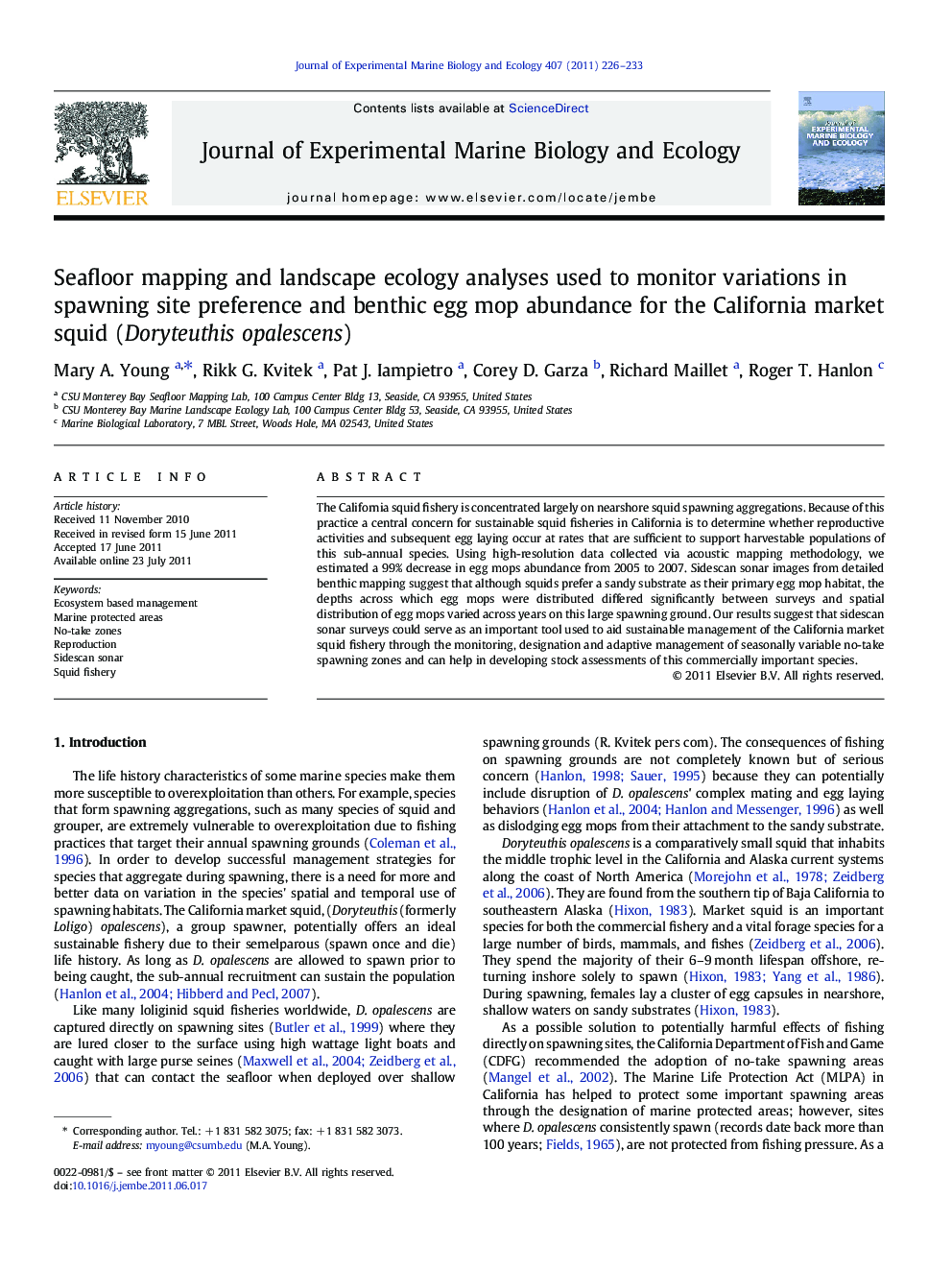 Seafloor mapping and landscape ecology analyses used to monitor variations in spawning site preference and benthic egg mop abundance for the California market squid (Doryteuthis opalescens)