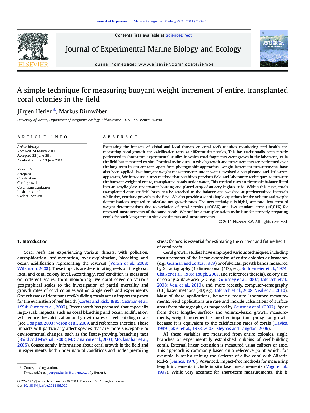 A simple technique for measuring buoyant weight increment of entire, transplanted coral colonies in the field