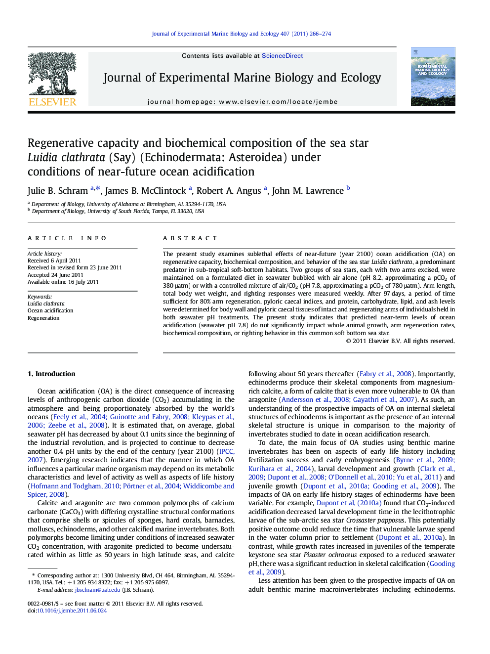 Regenerative capacity and biochemical composition of the sea star Luidia clathrata (Say) (Echinodermata: Asteroidea) under conditions of near-future ocean acidification