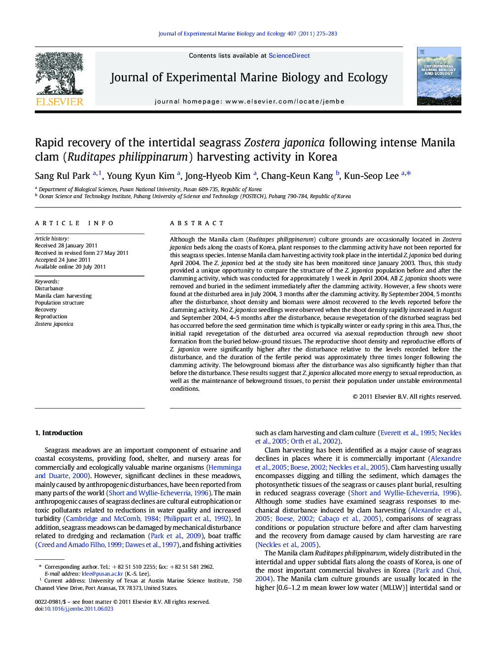 Rapid recovery of the intertidal seagrass Zostera japonica following intense Manila clam (Ruditapes philippinarum) harvesting activity in Korea