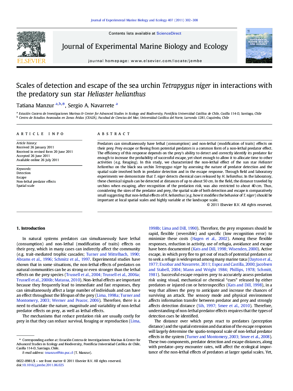 Scales of detection and escape of the sea urchin Tetrapygus niger in interactions with the predatory sun star Heliaster helianthus