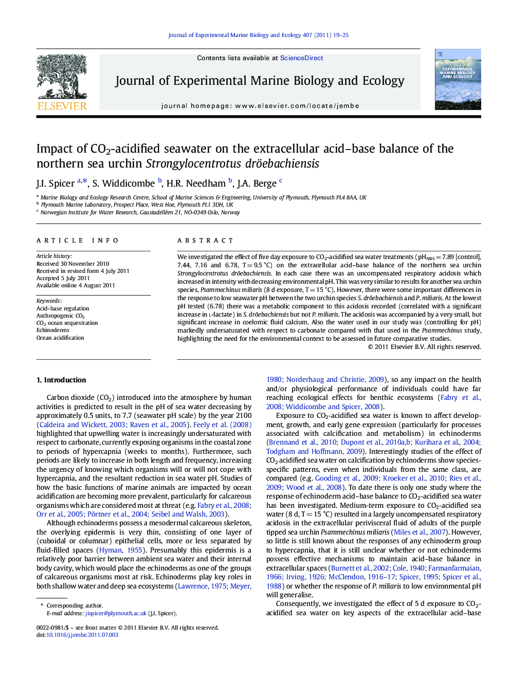 Impact of CO2-acidified seawater on the extracellular acid-base balance of the northern sea urchin Strongylocentrotus dröebachiensis