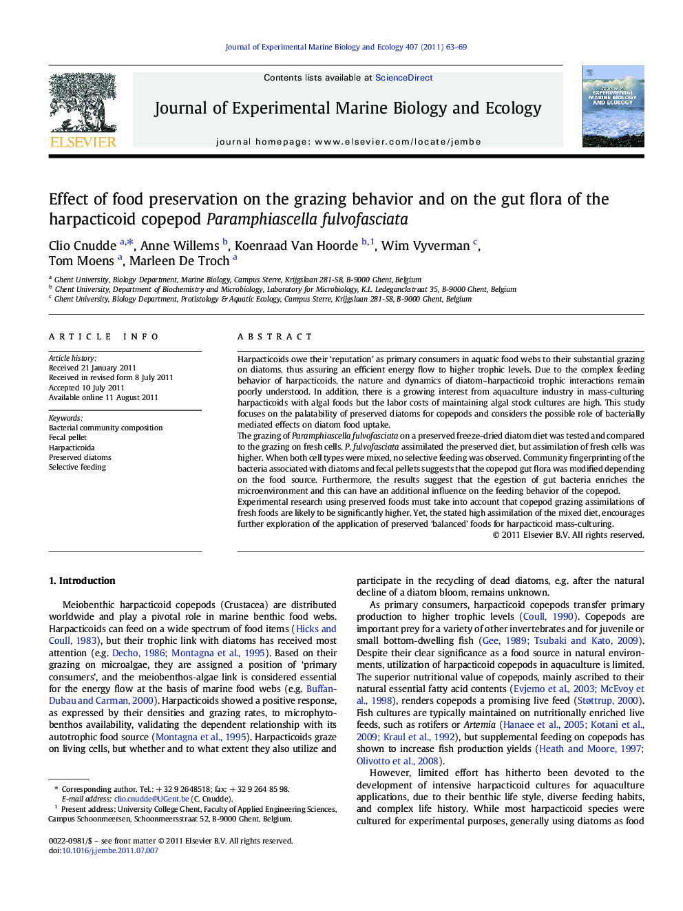 Effect of food preservation on the grazing behavior and on the gut flora of the harpacticoid copepod Paramphiascella fulvofasciata