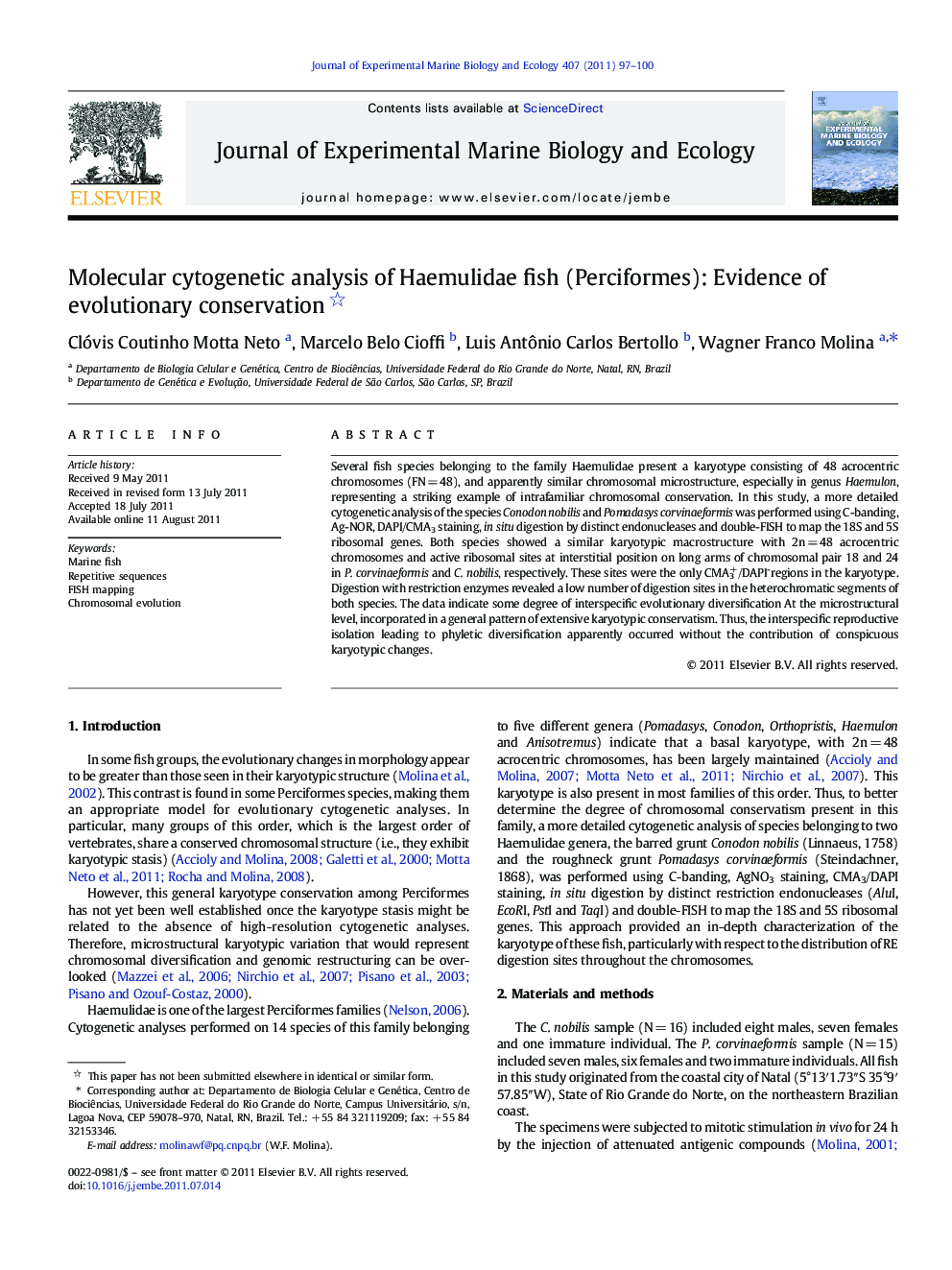 Molecular cytogenetic analysis of Haemulidae fish (Perciformes): Evidence of evolutionary conservation