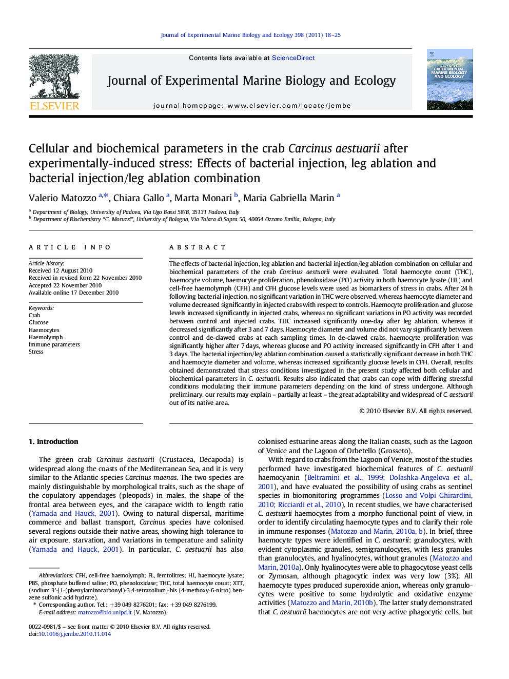 Cellular and biochemical parameters in the crab Carcinus aestuarii after experimentally-induced stress: Effects of bacterial injection, leg ablation and bacterial injection/leg ablation combination