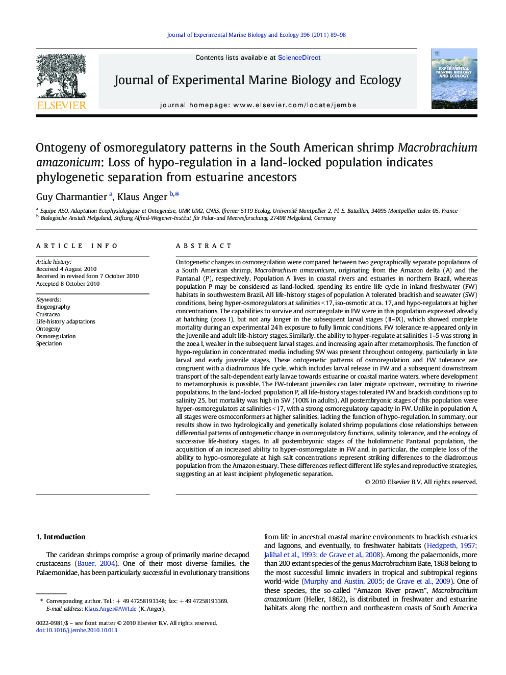 Ontogeny of osmoregulatory patterns in the South American shrimp Macrobrachium amazonicum: Loss of hypo-regulation in a land-locked population indicates phylogenetic separation from estuarine ancestors